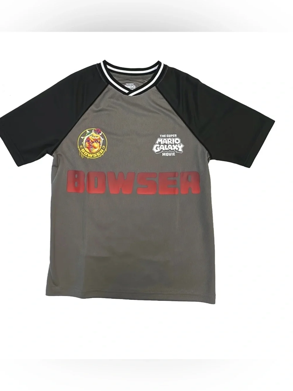 NWT Super Mario Bowser Soccer Jersey Boy Large 10/12 Gray Black Mesh Graphic Tee